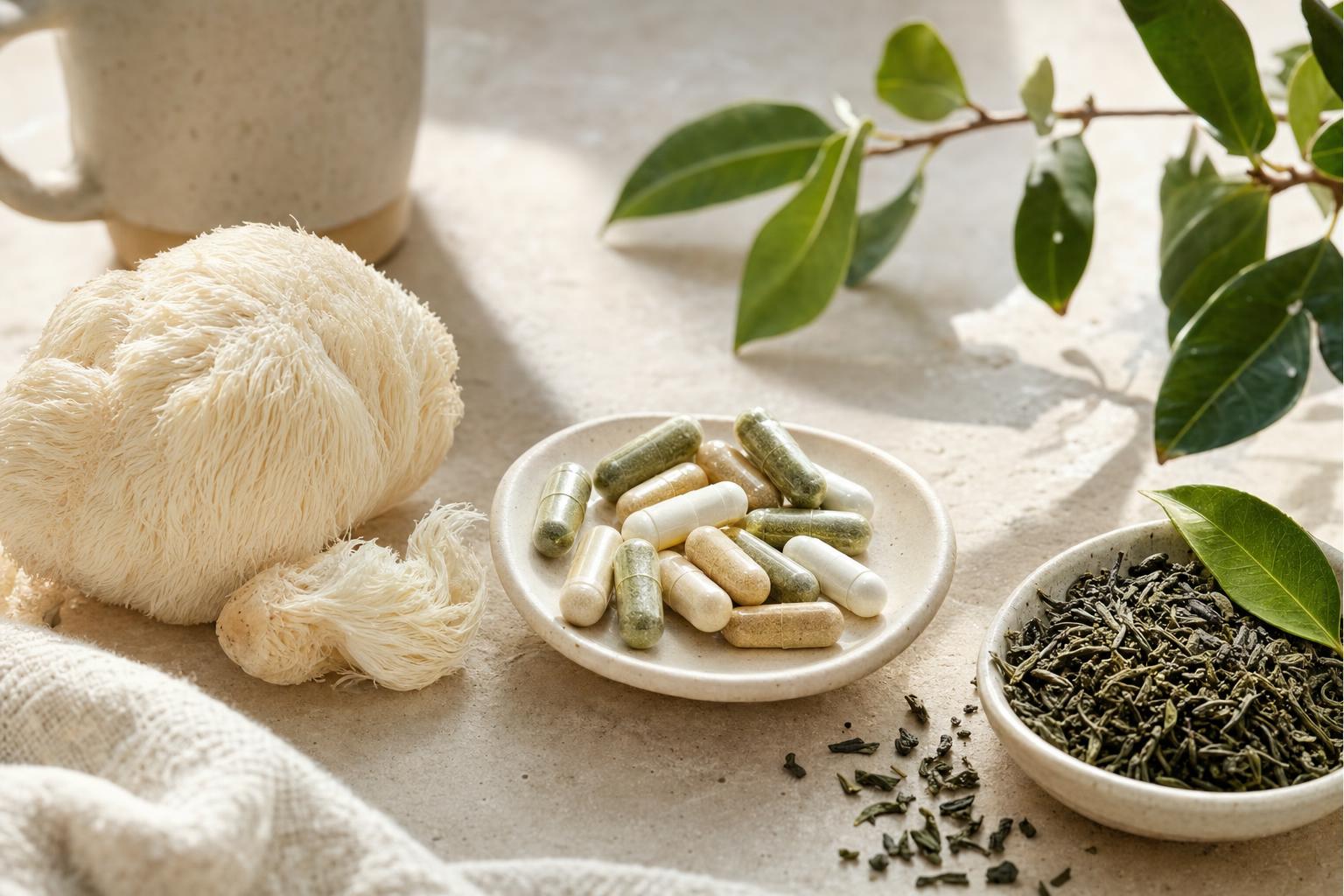 Nootropics for focus including capsules, lion's mane mushroom, and green tea