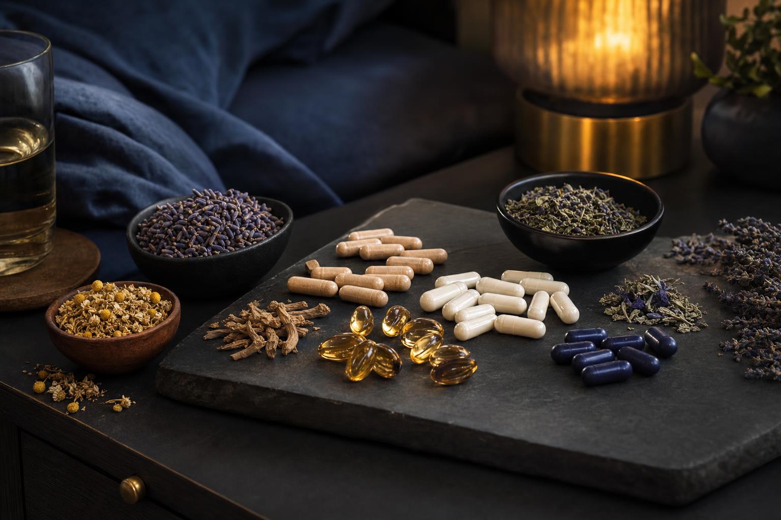 An assortment of sleep supplements and calming herbs on a bedside surface