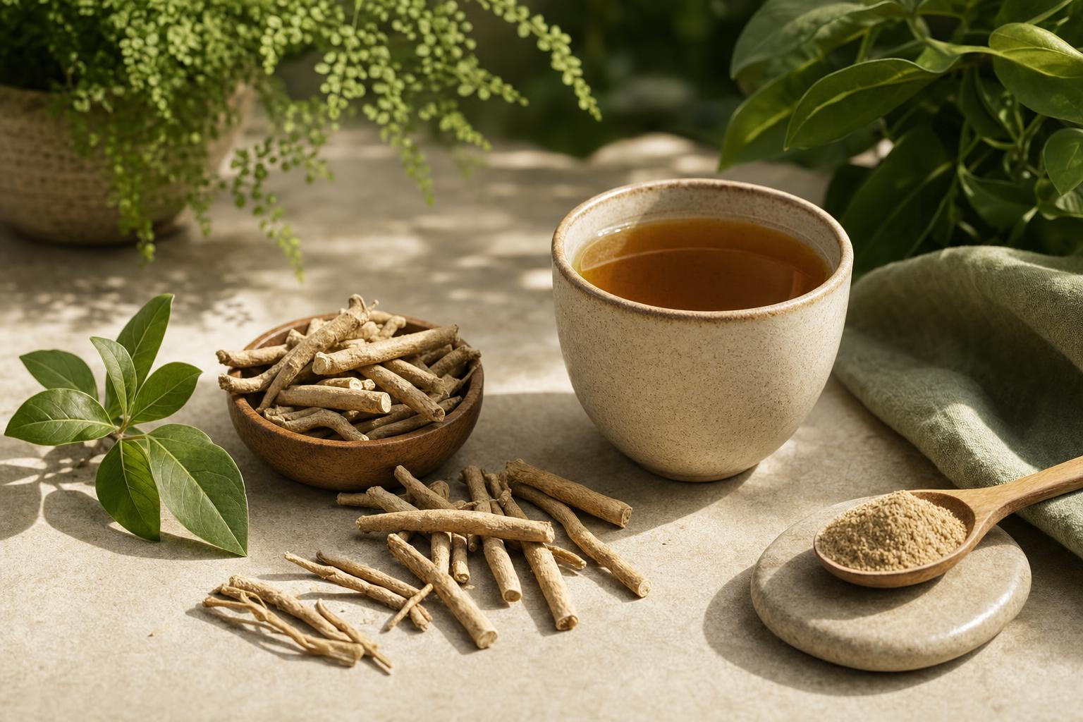 Ashwagandha root and calming herbal tea for lowering cortisol naturally