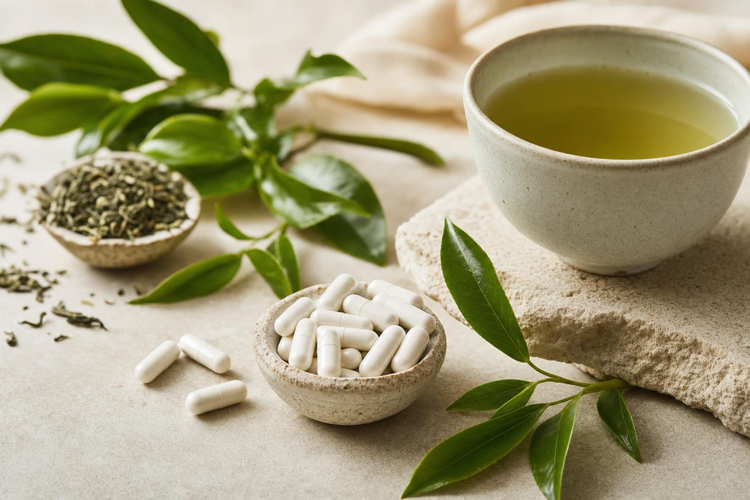 L-theanine capsules and green tea used for calm and relaxation