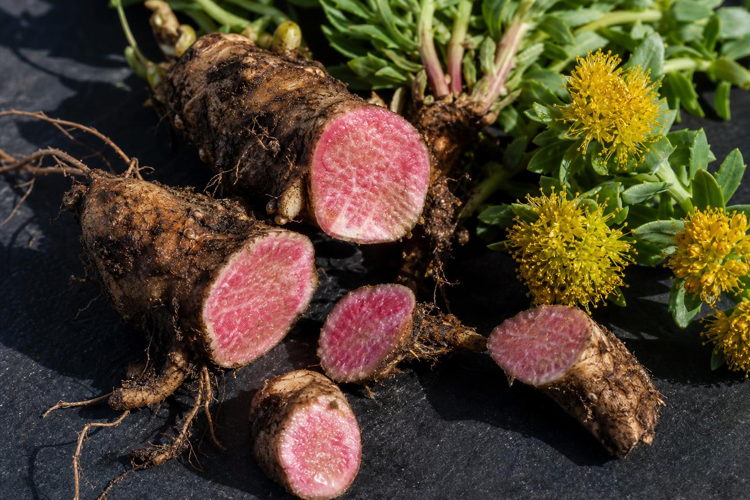 Rhodiola extract capsules next to raw rhodiola root powder