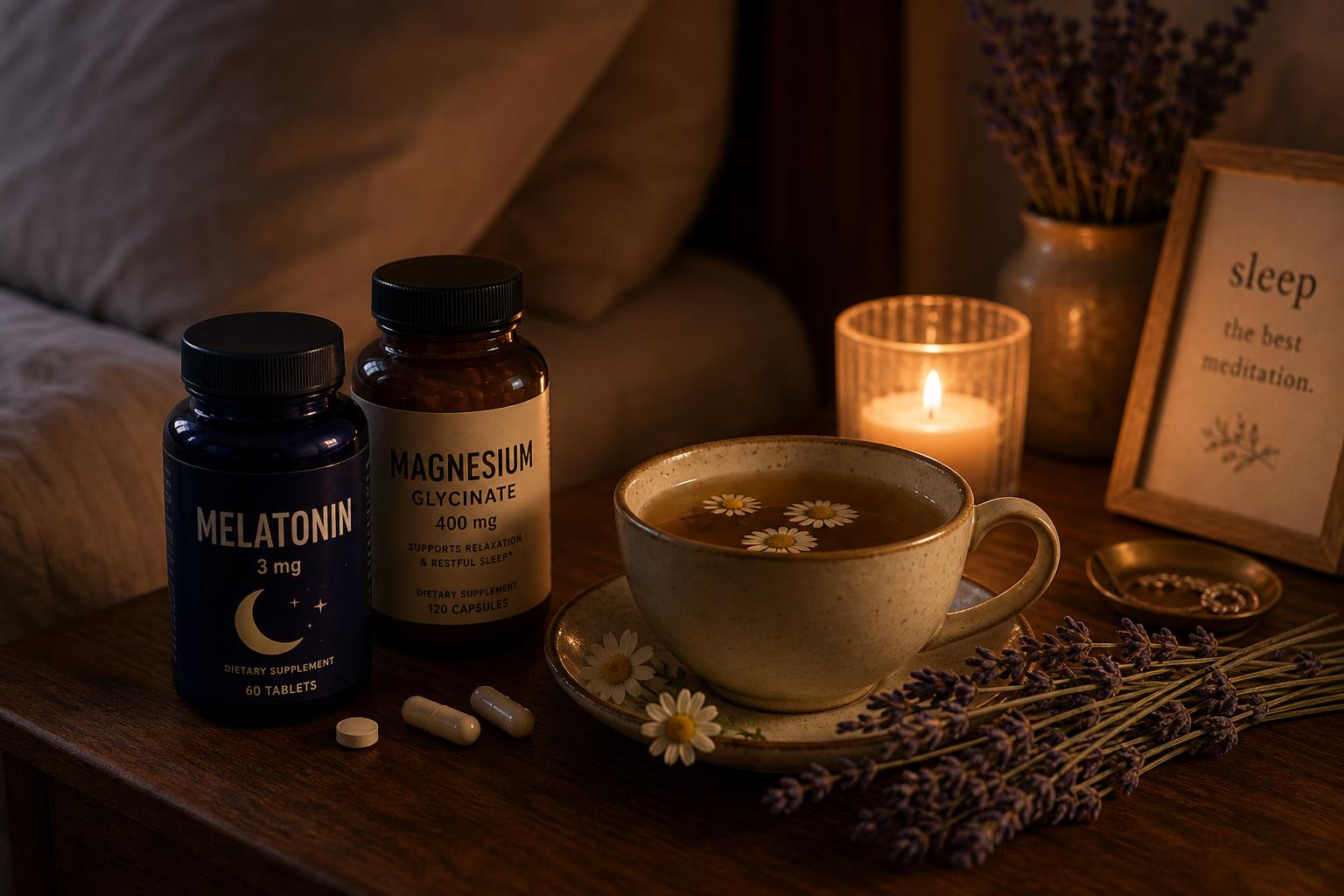 Sleep supplements evidence infographic comparing melatonin, magnesium, valerian, ashwagandha, L-theanine, and glycine