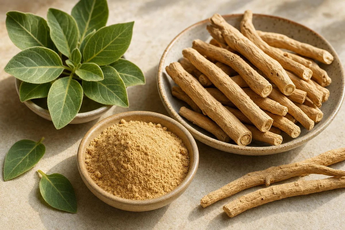 Ashwagandha root, powder, and leaves — an adaptogen studied for stress and ADHD