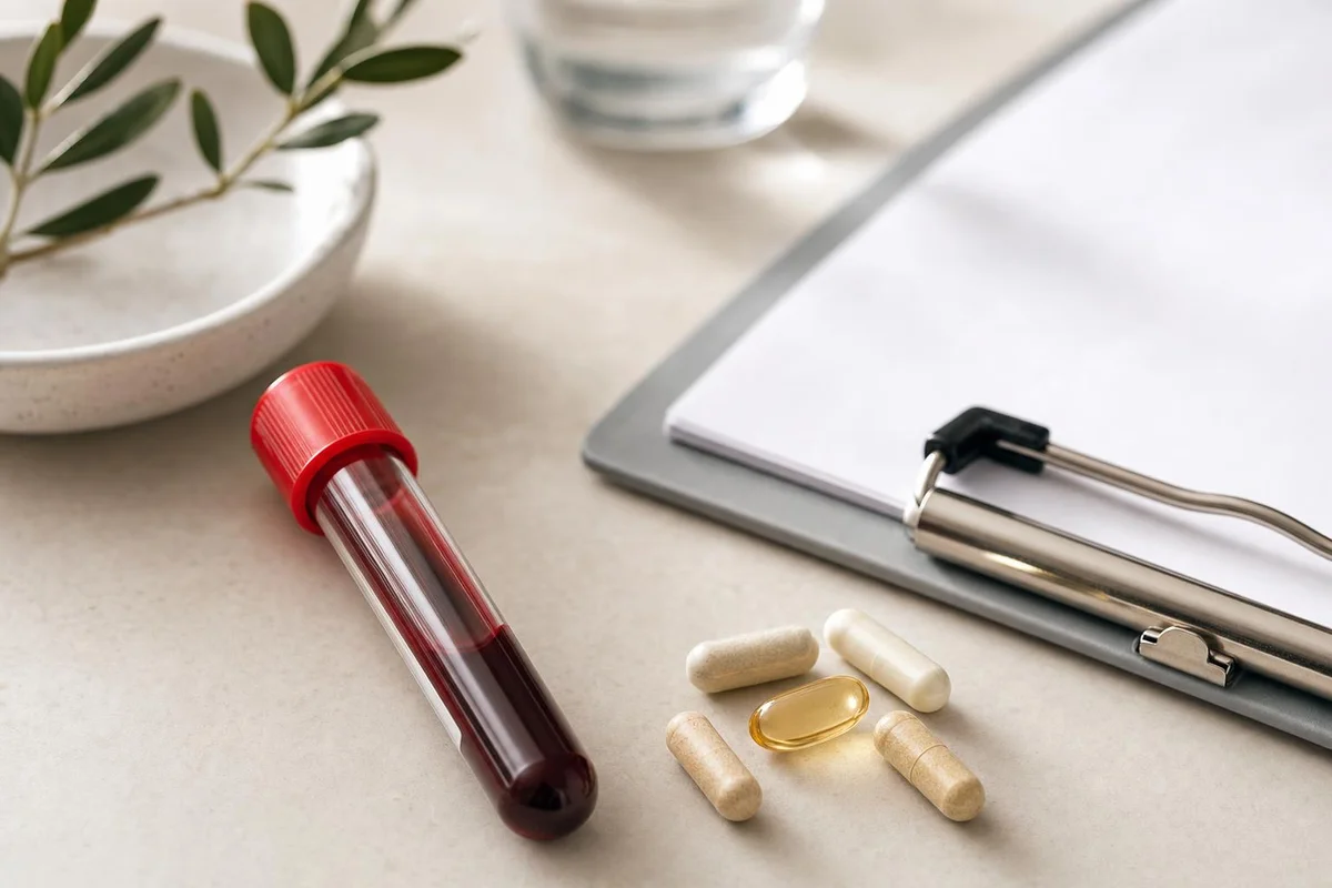 Blood test tube and supplement capsules — checking nutrient levels relevant to ADHD