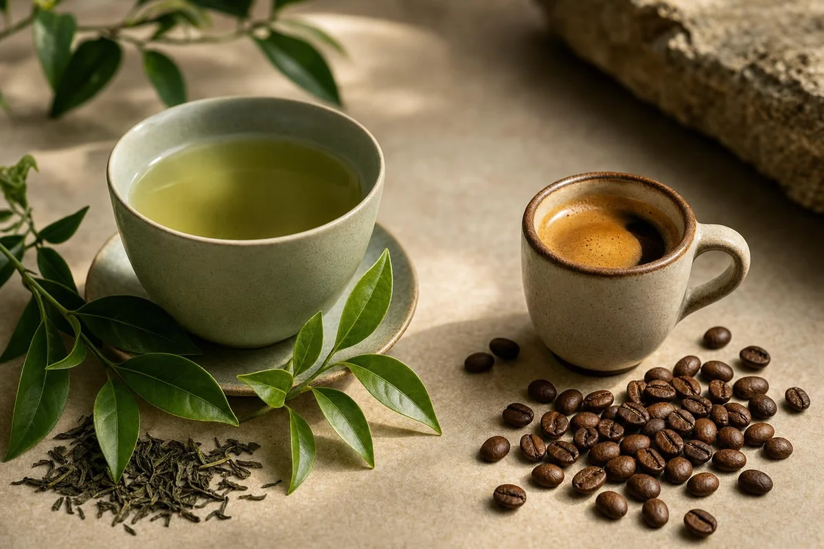 L-theanine capsules and green tea used for calm, focused attention