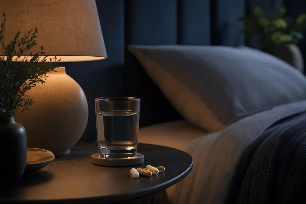 A calm bedroom nightstand with water and supplements — sleep and ADHD