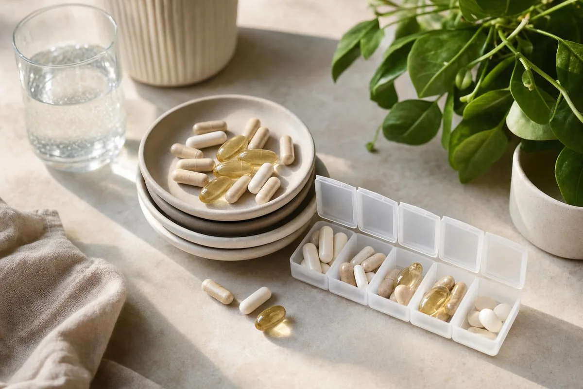 An assortment of ADHD supplement capsules with a weekly pill organizer