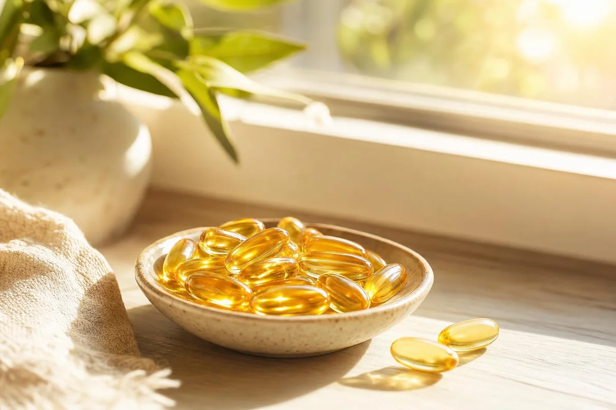Vitamin D softgel capsules in warm sunlight, relevant to ADHD
