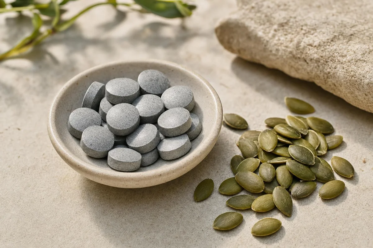 Zinc supplement tablets with pumpkin seeds, a dietary zinc source, for ADHD