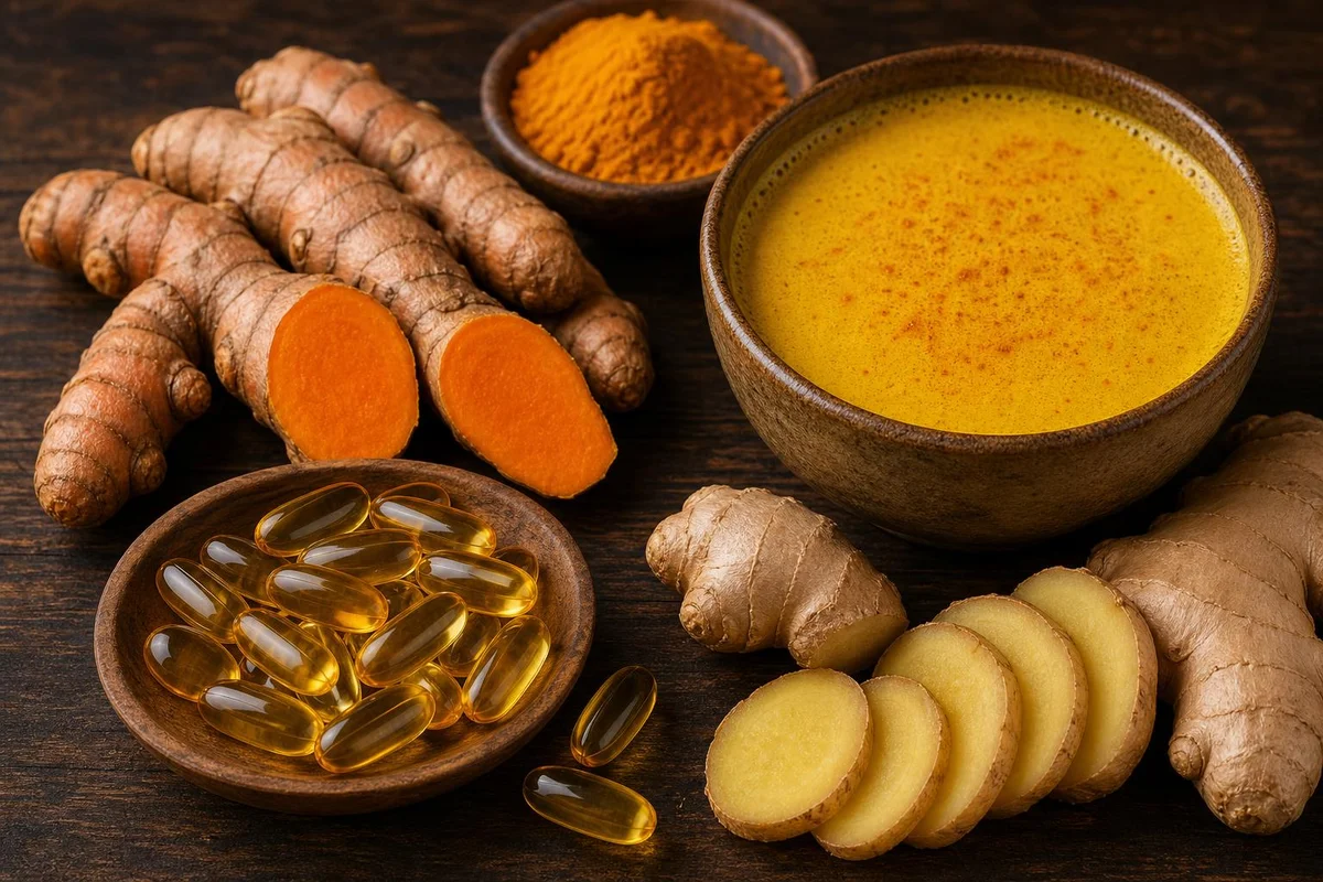 Turmeric root, omega-3 capsules, and ginger used in anti-inflammatory supplement research