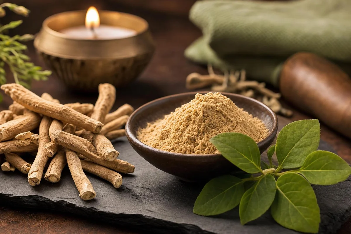 Dried ashwagandha roots, leaves, and golden powder used in ashwagandha supplements