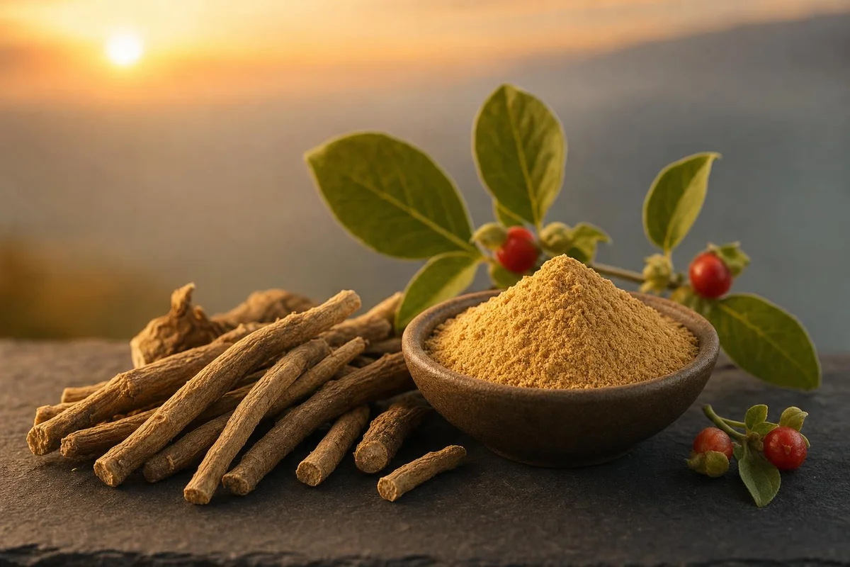 Ashwagandha root and powder beside a nighttime sleep setting