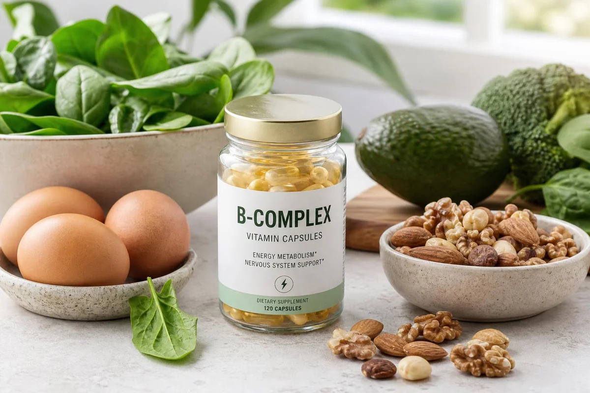 B-complex capsules beside eggs and leafy greens