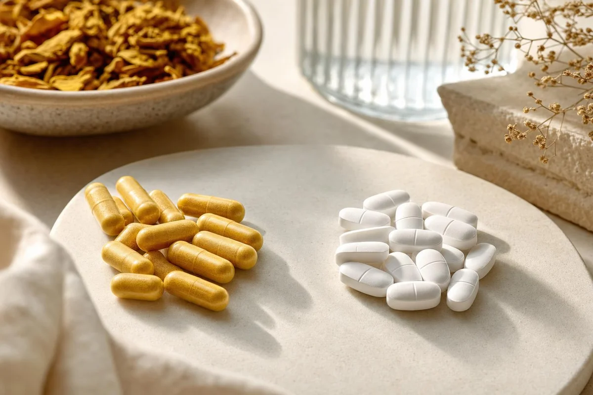 Berberine supplement capsules beside metformin-style tablets
