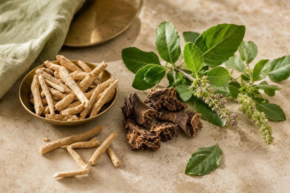 Ashwagandha, Rhodiola, holy basil and adaptogen extracts arranged for an evidence comparison