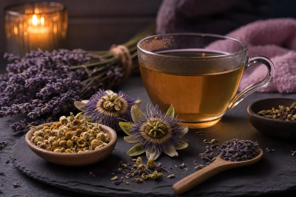 Calming nighttime herbs including lavender, chamomile, and passionflower beside herbal tea