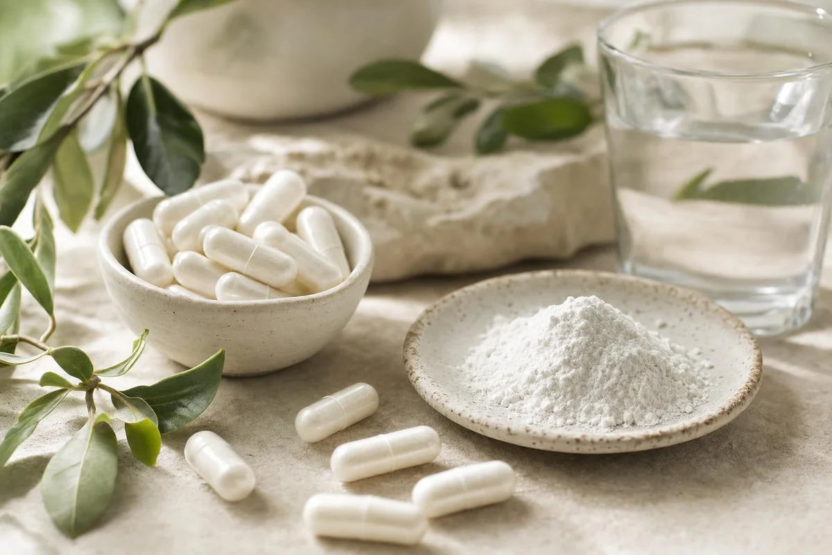 Magnesium supplement bottles and capsules arranged for a label-comparison guide