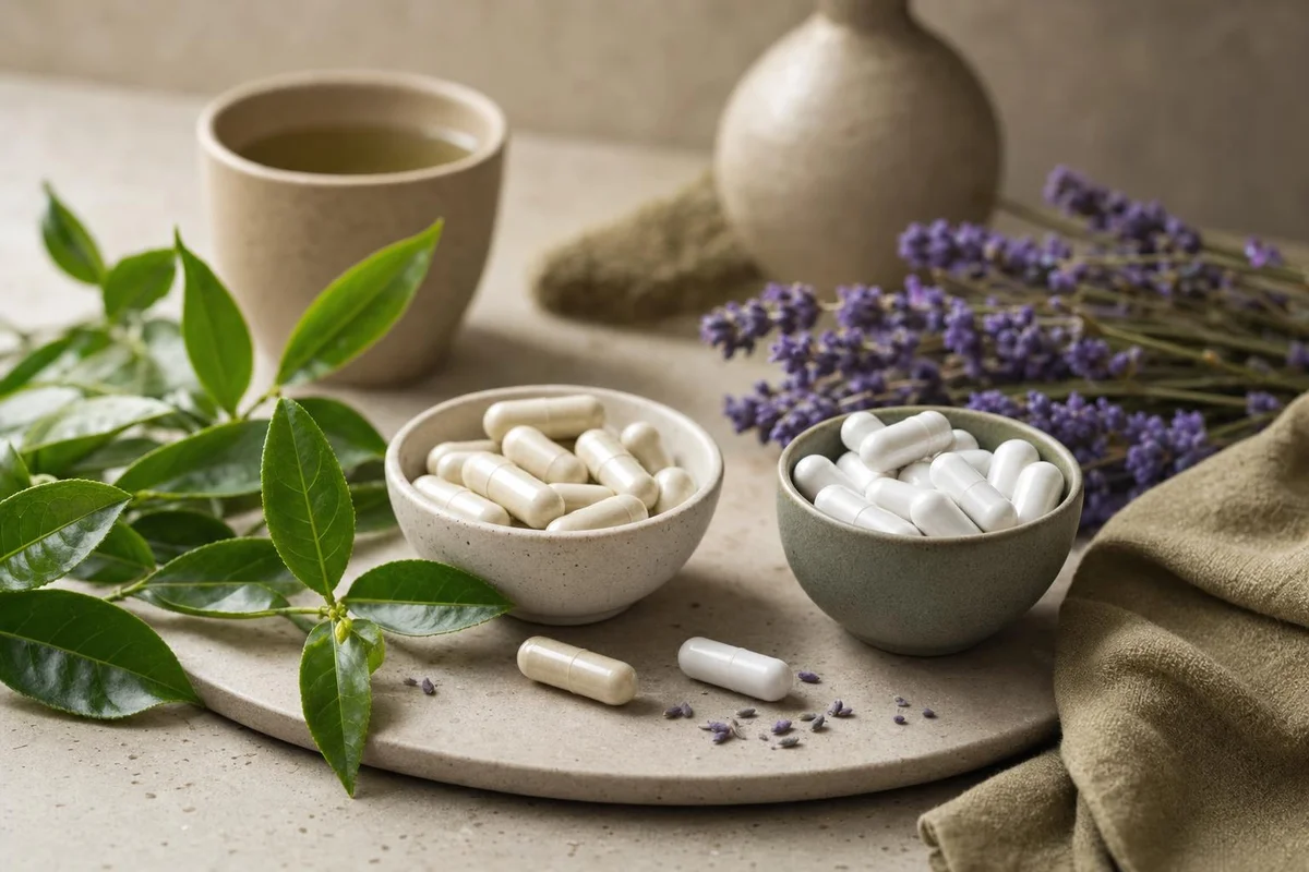 L-theanine and magnesium supplements with green tea and lavender