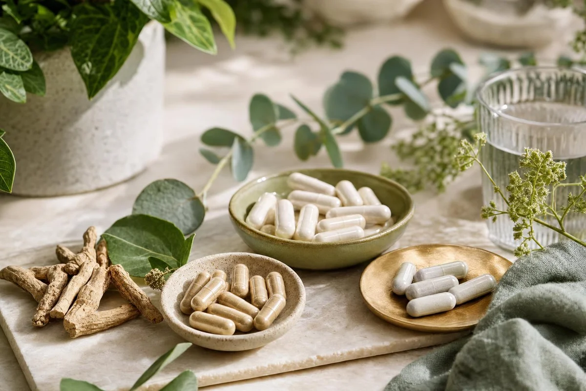 Ashwagandha, magnesium, Rhodiola, and L-theanine products arranged for a stress evidence comparison