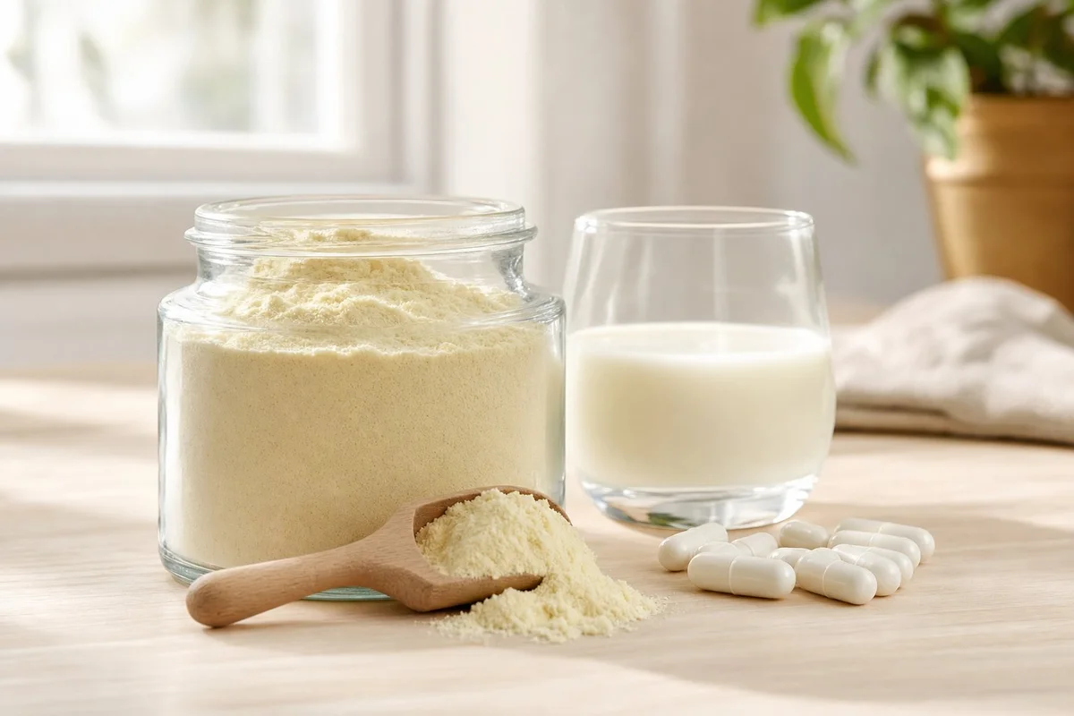 Bovine colostrum powder supplement in a jar with a scoop and capsules