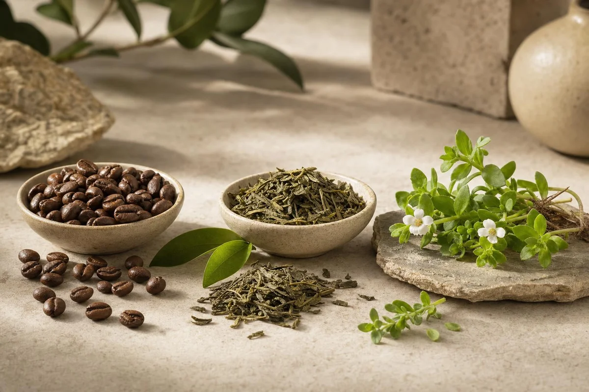 Coffee beans, green tea leaves, and bacopa herb compared for focus