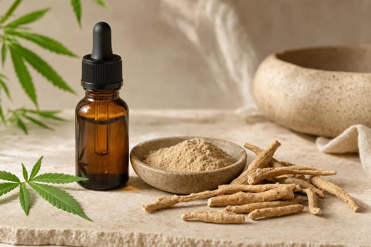 CBD oil beside ashwagandha root and powder for an evidence comparison