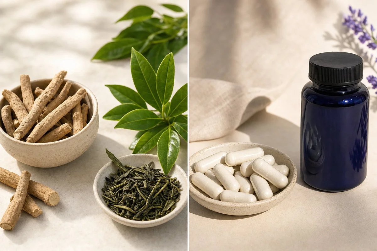 Herbs and supplement bottles arranged side by side for comparison
