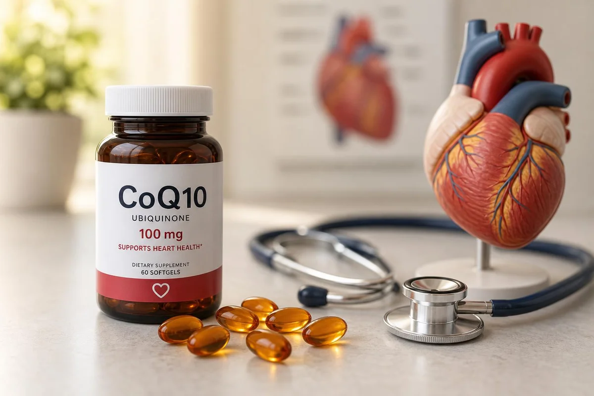 CoQ10 softgels beside a heart-health concept