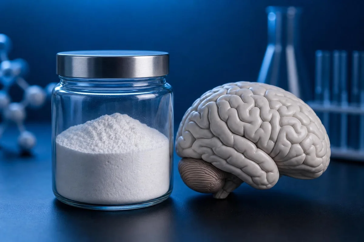 Creatine powder beside a brain model