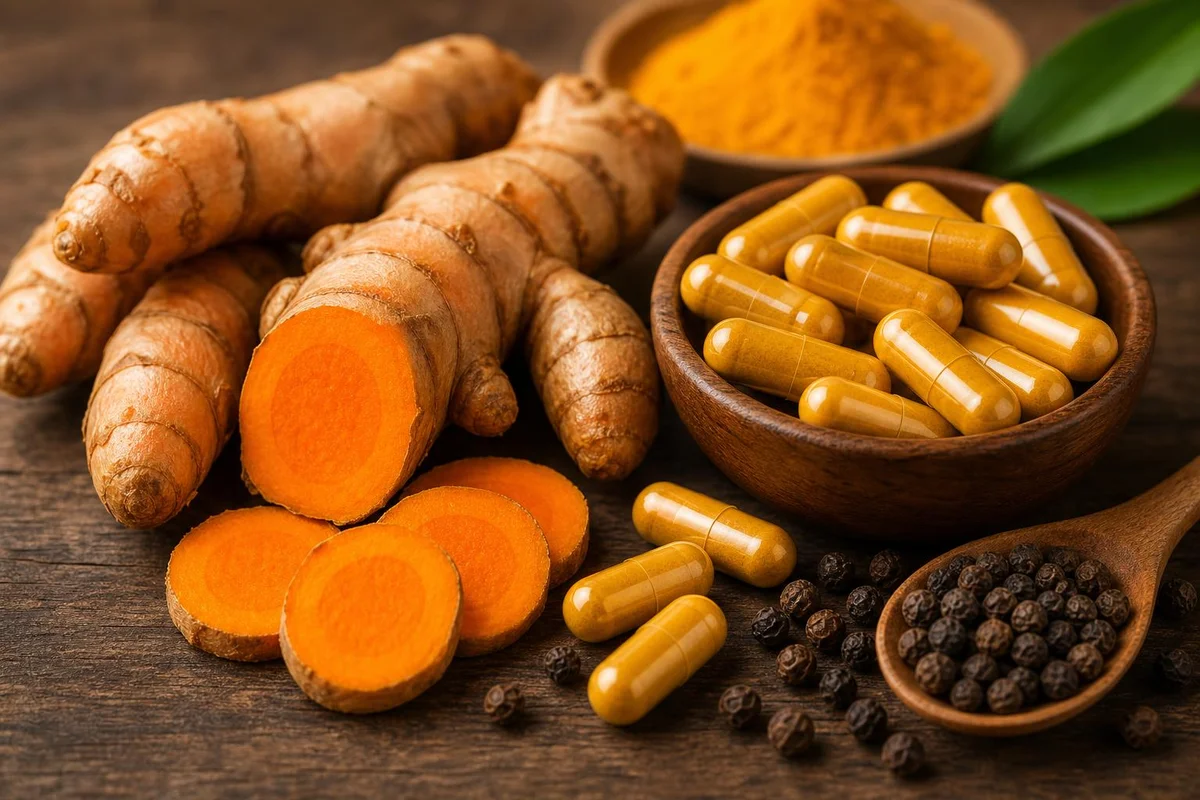 Fresh turmeric root with curcumin capsules and peppercorns