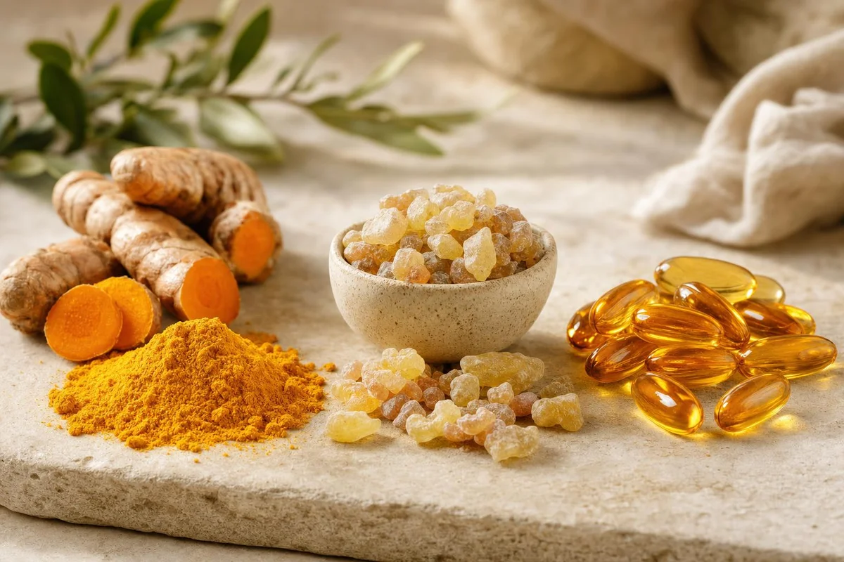 Turmeric curcumin powder, boswellia resin, and omega-3 capsules compared