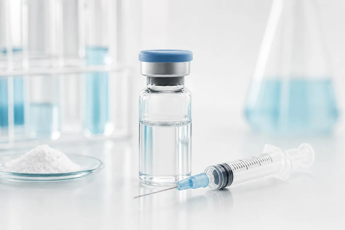 Copper peptide research vial on a clinical surface