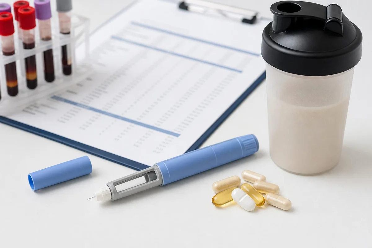 GLP-1 injection pen beside food, supplements, and laboratory testing