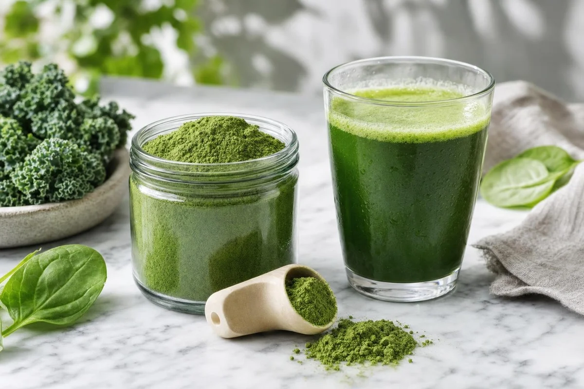 Greens powder supplement in a glass jar with scoop on marble surface