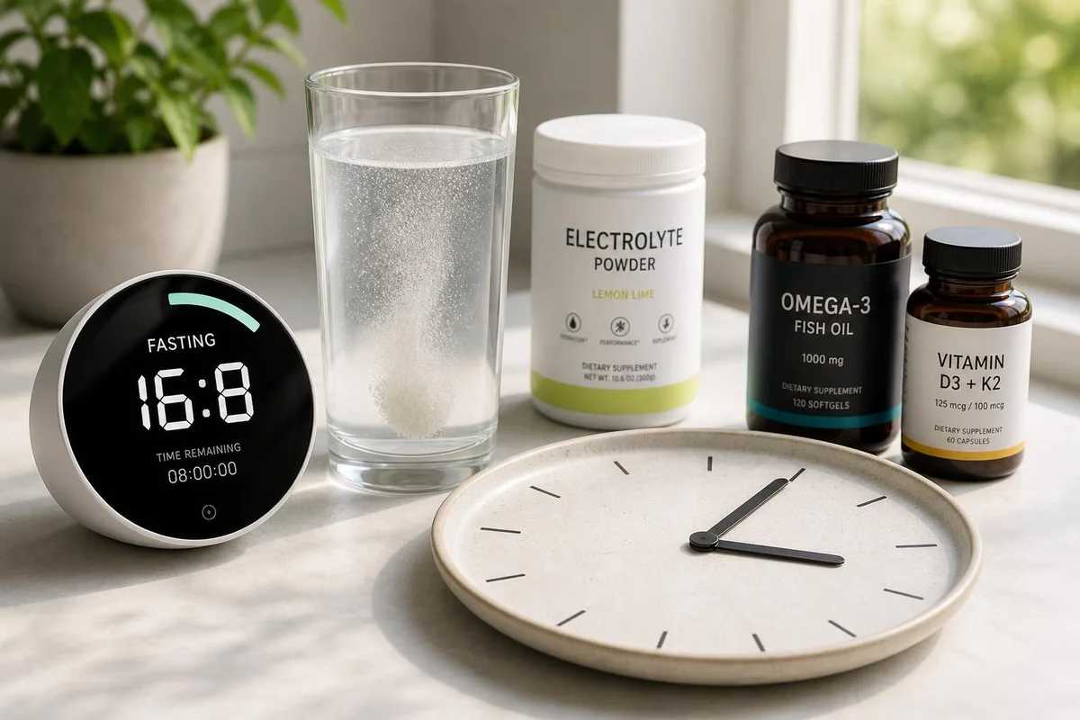 Kitchen timer and water beside supplements during a fasting discussion