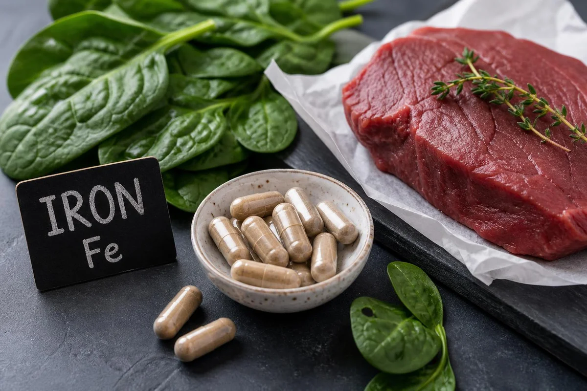 Iron supplement beside iron-rich foods and laboratory paperwork