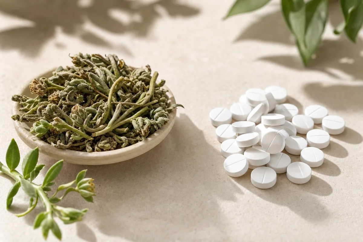 Kanna (Sceletium tortuosum) herb beside prescription antidepressant tablets