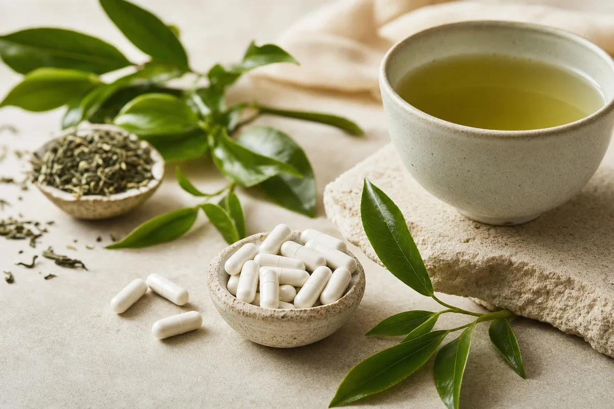 L-theanine capsules and green tea used for calm and relaxation