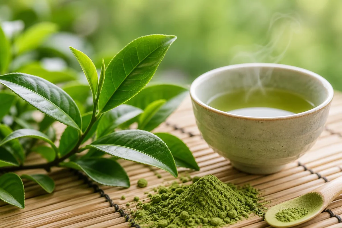 Green tea leaves, L-theanine powder, and a cup of tea
