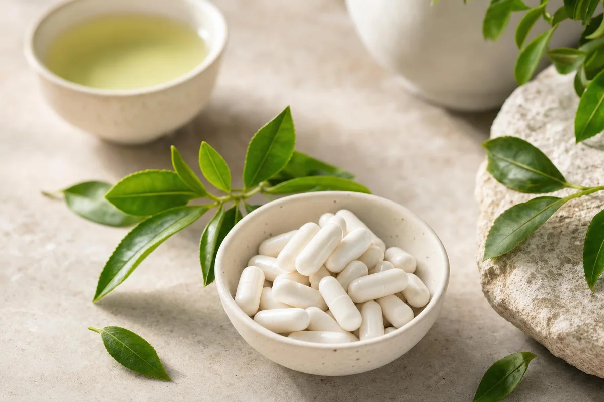 Caffeine-free L-theanine capsules with green tea leaves