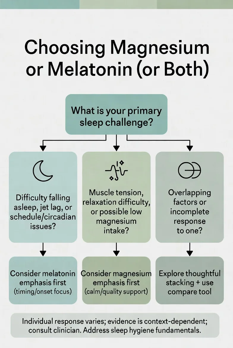Decision flowchart for choosing magnesium vs melatonin