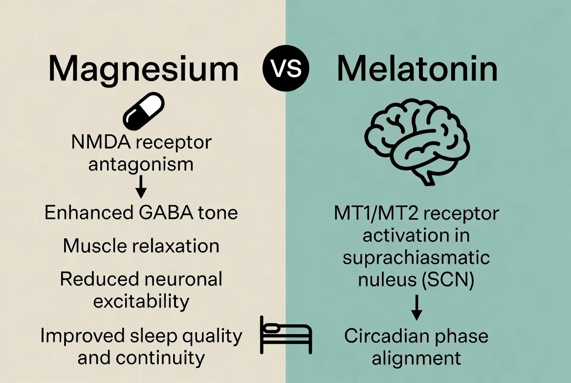Diagram comparing magnesium and melatonin mechanisms for sleep support