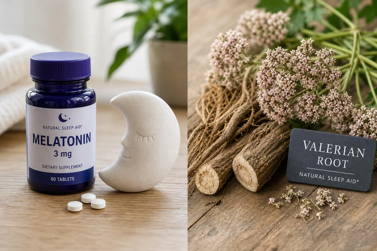 Melatonin tablets beside dried valerian root, compared for sleep