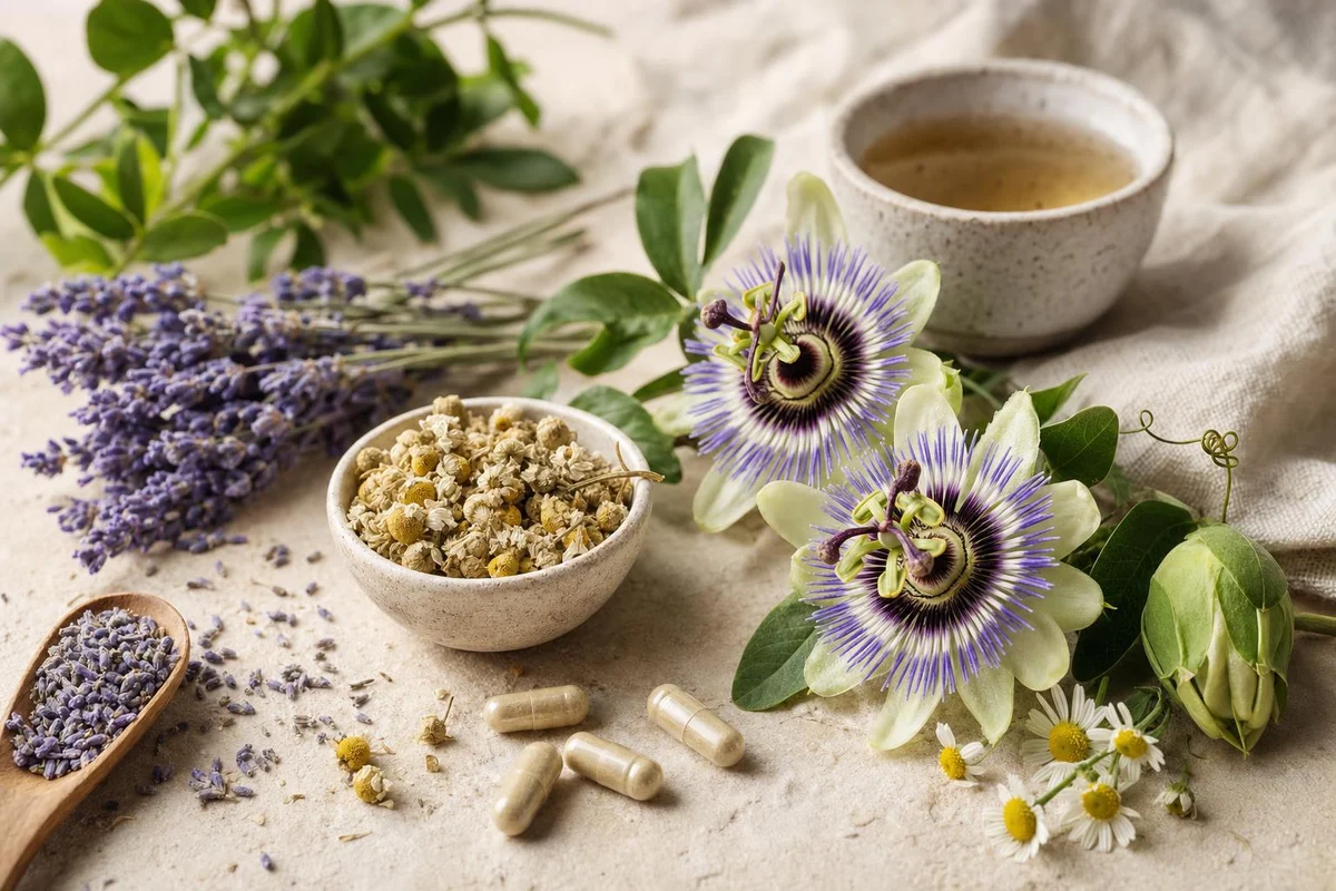 Calming herbs including lavender, chamomile, and passionflower with supplements used for stress and anxiety support