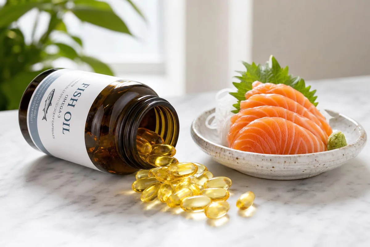 Omega-3 capsules and fish beside an evidence-based quality comparison