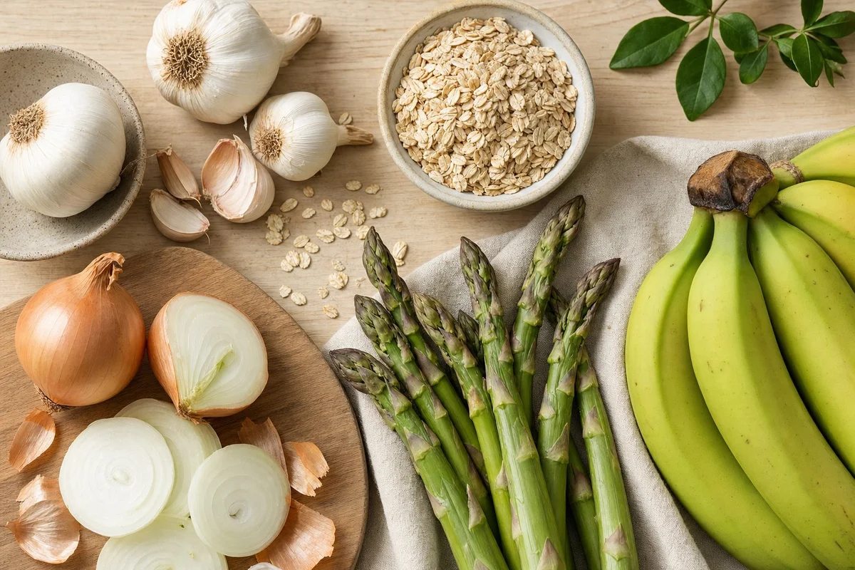 Prebiotic-rich foods: garlic, onions, asparagus, green bananas, and oats on a wood surface