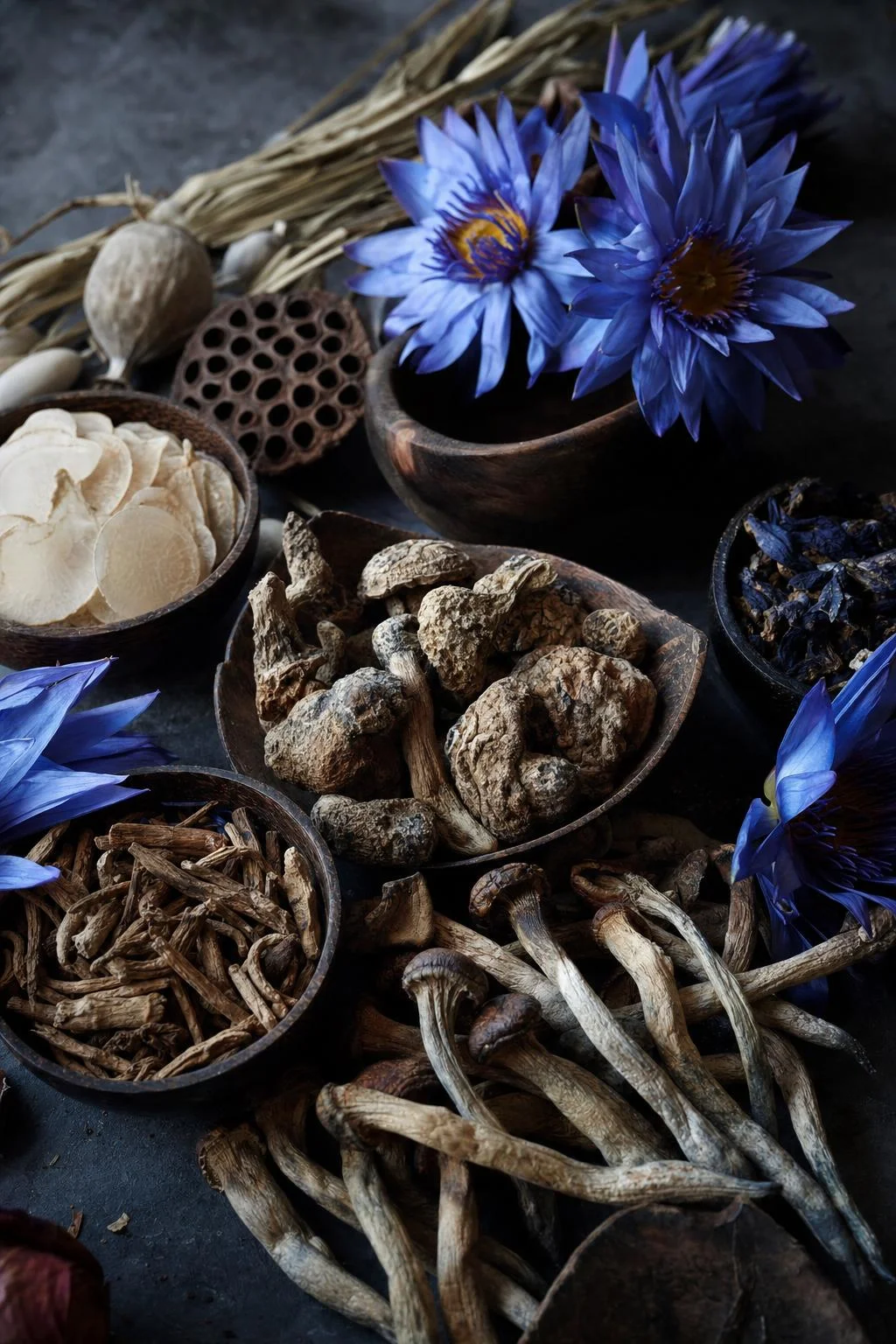 An arrangement of psychedelic-adjacent botanical herbs including blue lotus