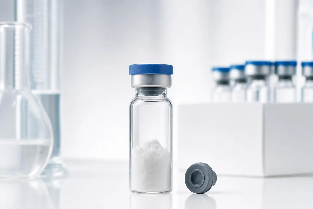 A peptide vial on a clinical laboratory surface