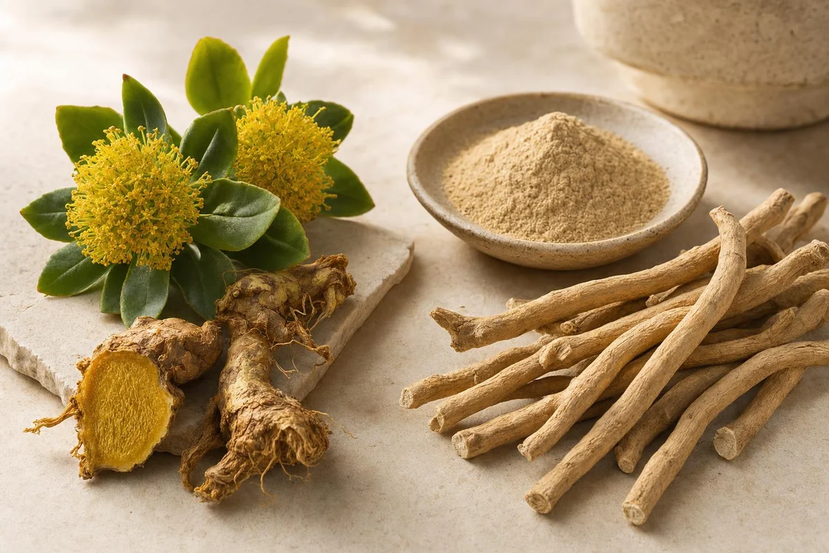 Rhodiola root and flowers beside ashwagandha root and powder, two adaptogens