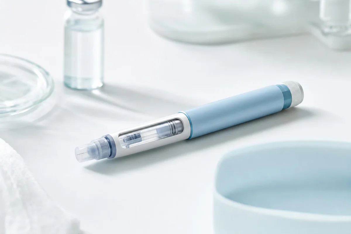 A GLP-1 metabolic medication injection pen on a clinical surface